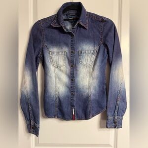 Vintage Tommy Jeans Hilfiger Womens Blue Faded Denim Shirt Snap Button Small